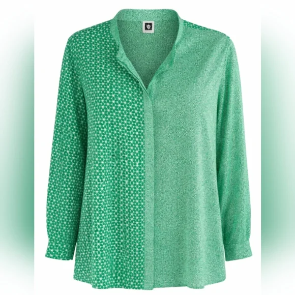 Anne Klein 2X Green Mixed Print Button Front Blouse Tunic Long Sleeve - Picture 3 of 7